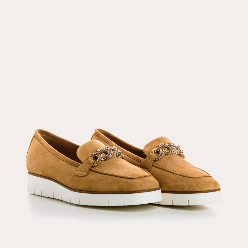 Velvet leather wedge moccasins with silver rhinestones