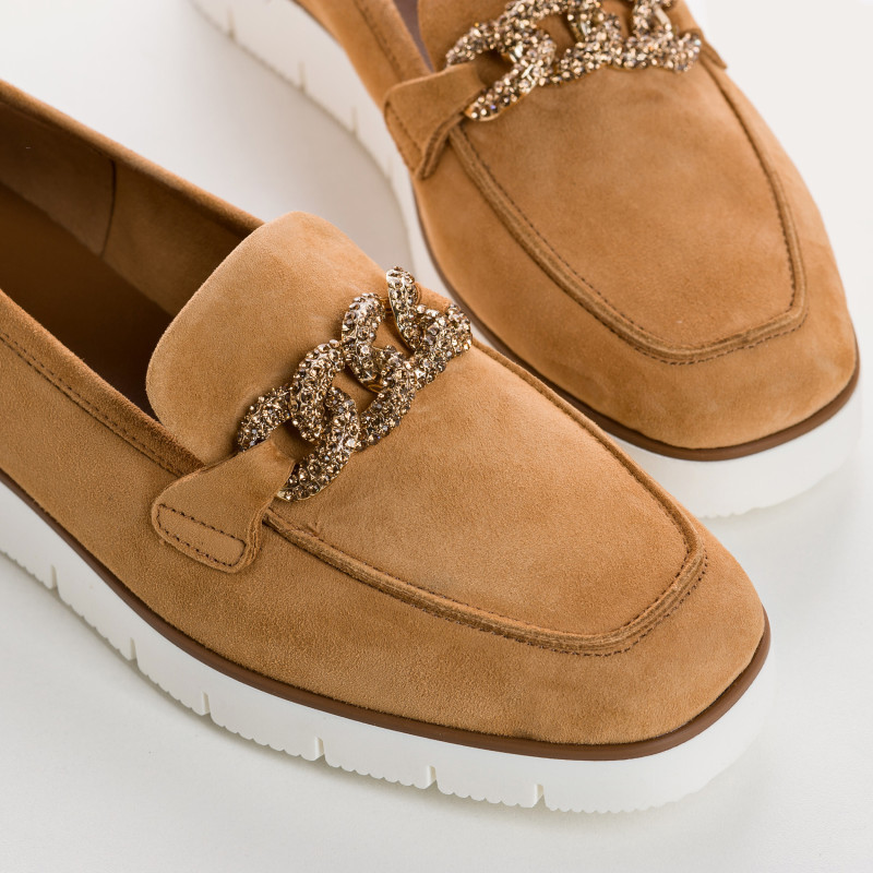 Velvet leather wedge moccasins with silver rhinestones