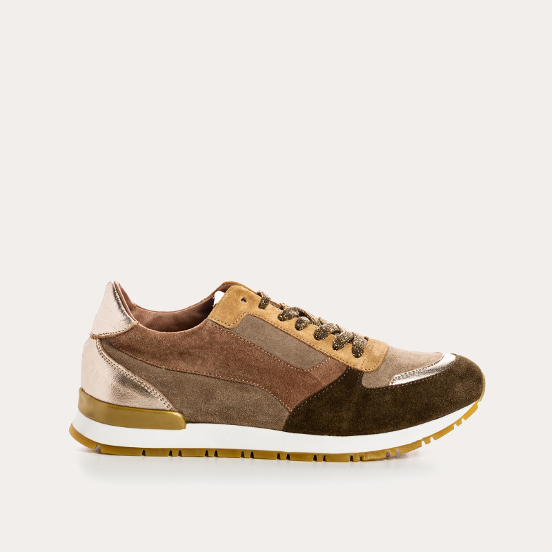 Baskets en cuir velours et métallisé à lacets noir/vison pour femme