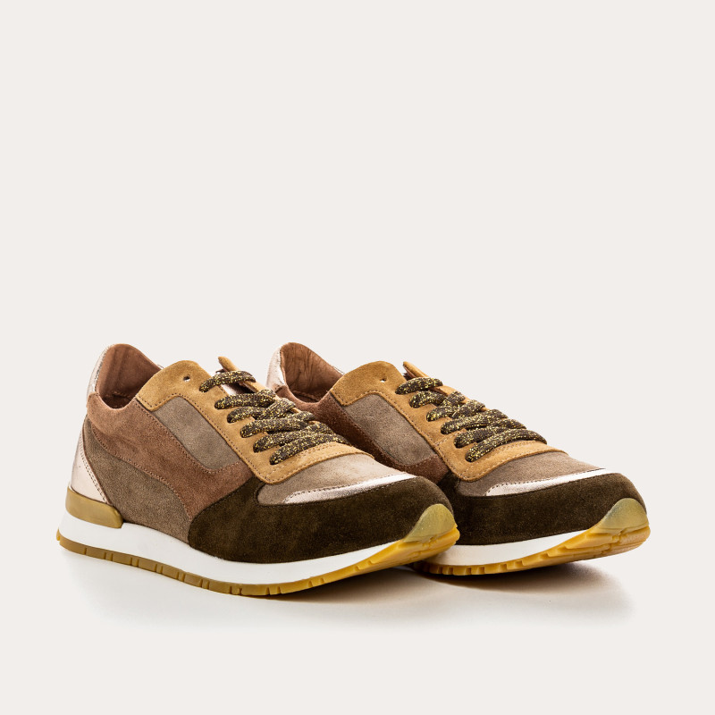 Velvet leather sneakers and black laces metallic / women's vison