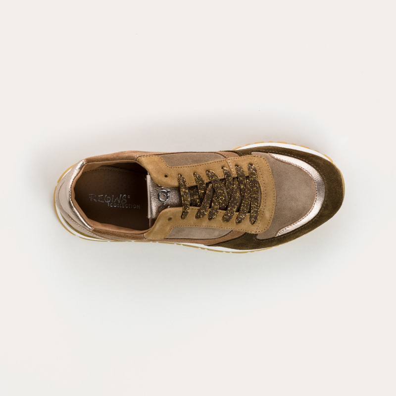 Baskets en cuir velours et métallisé à lacets noir/vison pour femme