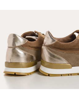 Baskets en cuir velours et métallisé à lacets noir/vison pour femme