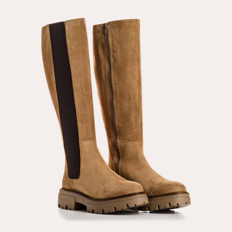 High velvet leather boots with elastic and notched soles