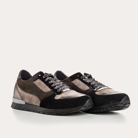 Baskets en cuir velours et métallisé à lacets noir/vison pour femme