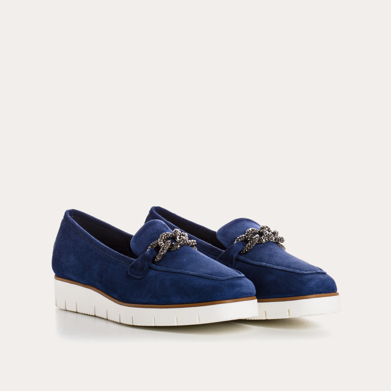 Velvet leather wedge moccasins with silver rhinestones