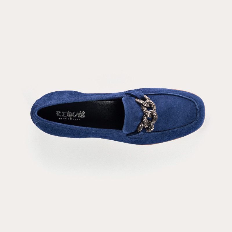 Velvet leather wedge moccasins with silver rhinestones