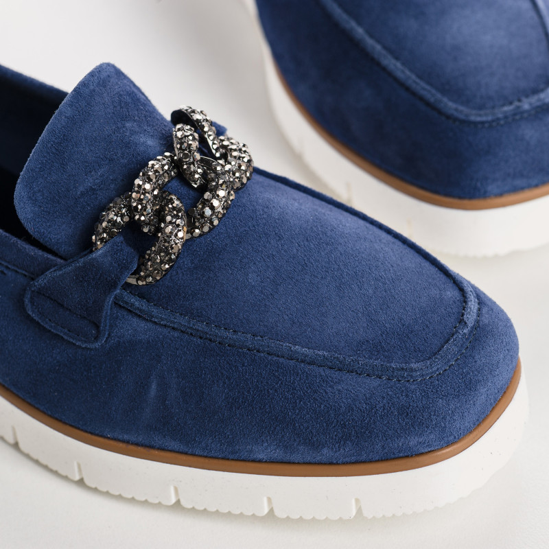 Velvet leather wedge moccasins with silver rhinestones