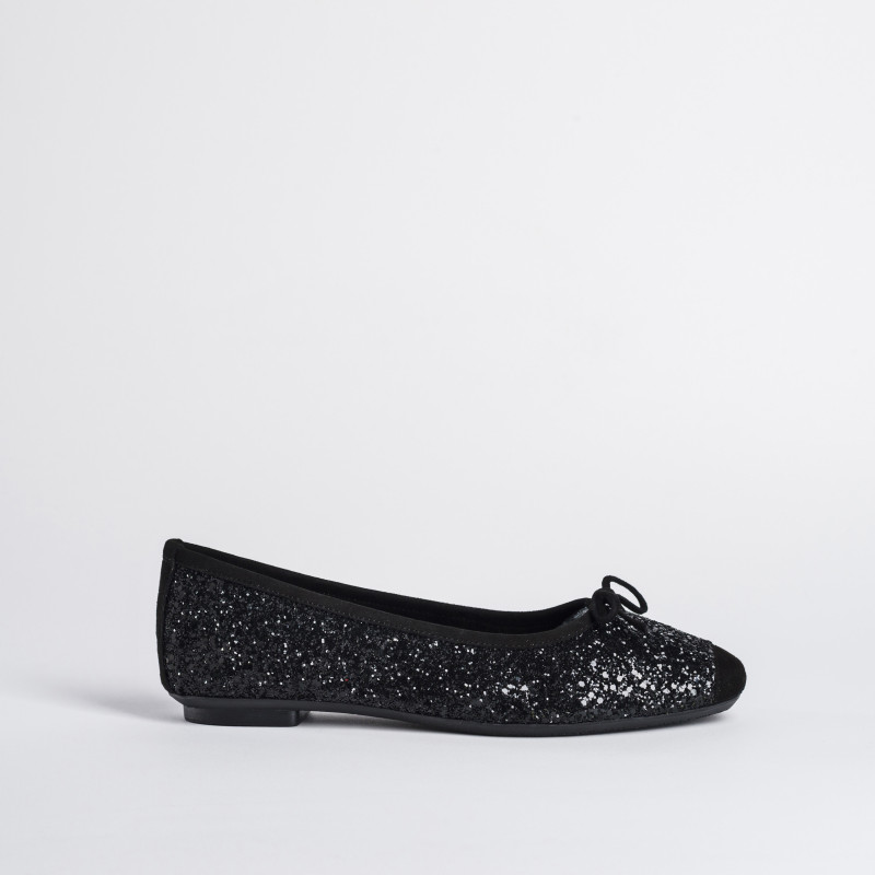 Flat-knotted flat ballerinas with glitter fabric with velvet leather reinforcement