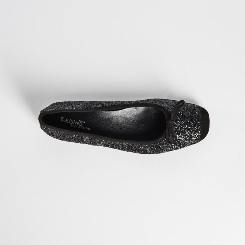 Ballerines plates à nœud en tissu pailleté avec renfort en cuir velours