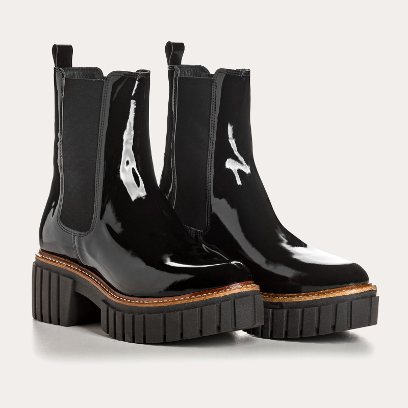 Boots Chelsea en vernis noir avec élastiques
