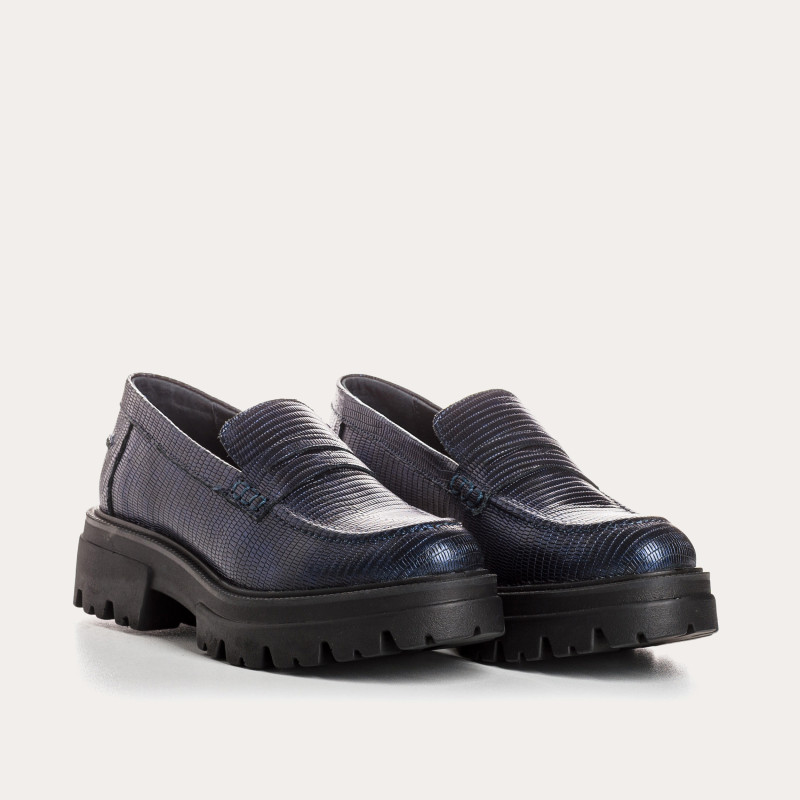 Mocassins chunky couleur nuit en cuir embossé lézard