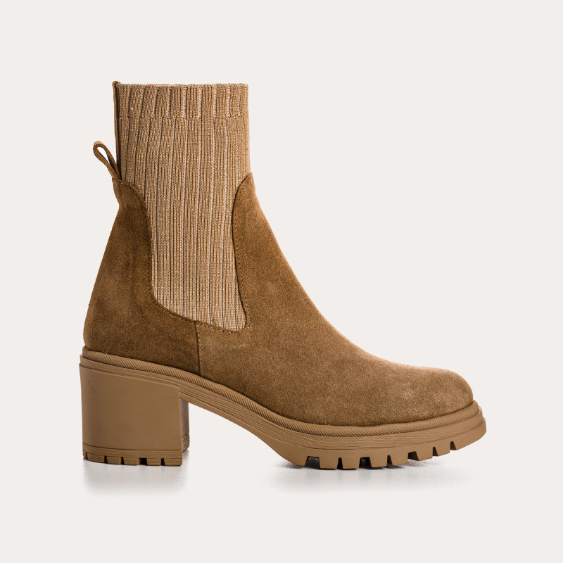 Boots Chelsea à talon en cuir velours avec élastiques