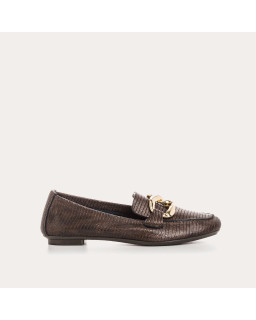 Brown leather moccasins embossed lizard with golden jewel