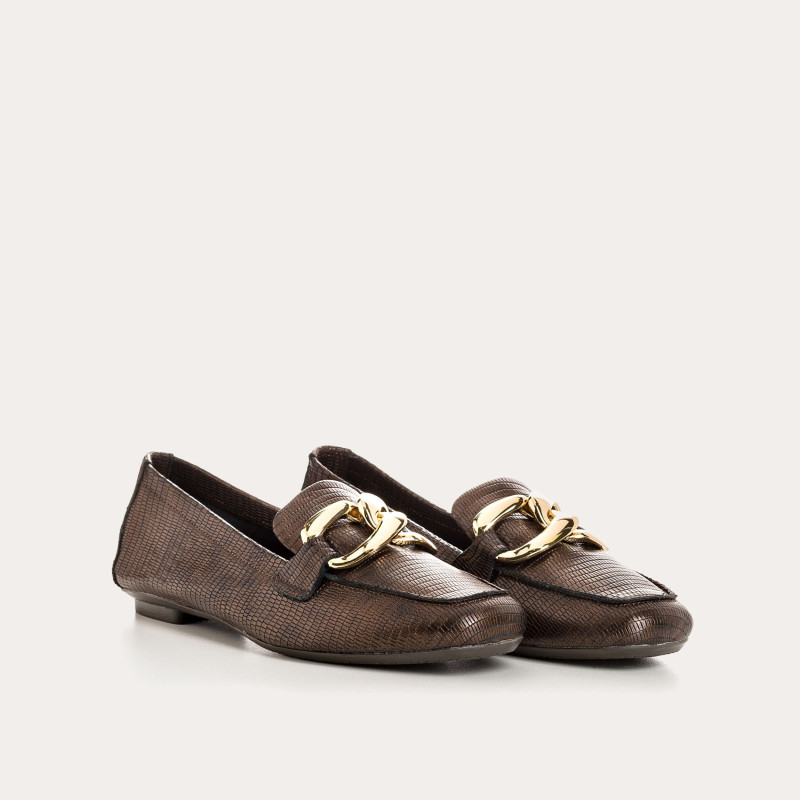 Brown leather moccasins embossed lizard with golden jewel