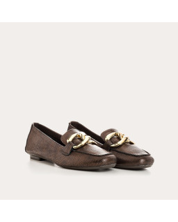 Brown leather moccasins embossed lizard with golden jewel