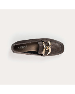 Brown leather moccasins embossed lizard with golden jewel