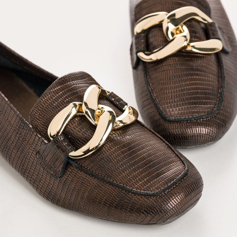Brown leather moccasins embossed lizard with golden jewel