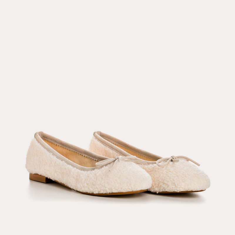 Ballerines en cuir et tissu imitation peau de mouton avec bout arrondi
