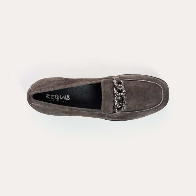 Mocassins compensés en cuir velours avec strass argent