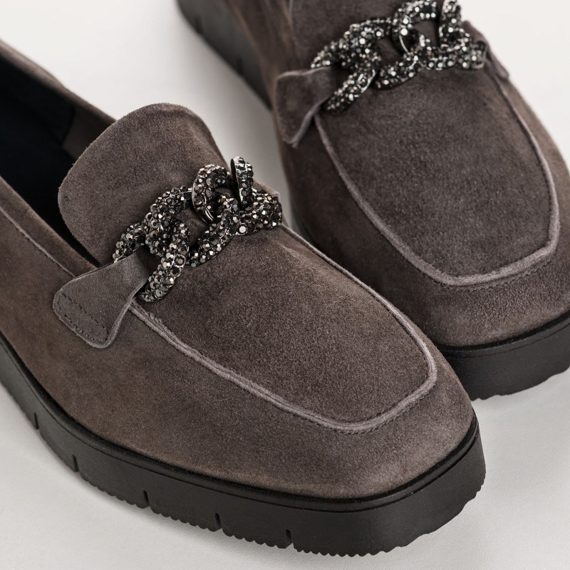 Mocassins compensés en cuir velours avec strass argent