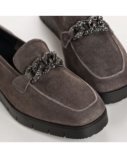 Velvet leather wedge moccasins with silver rhinestones