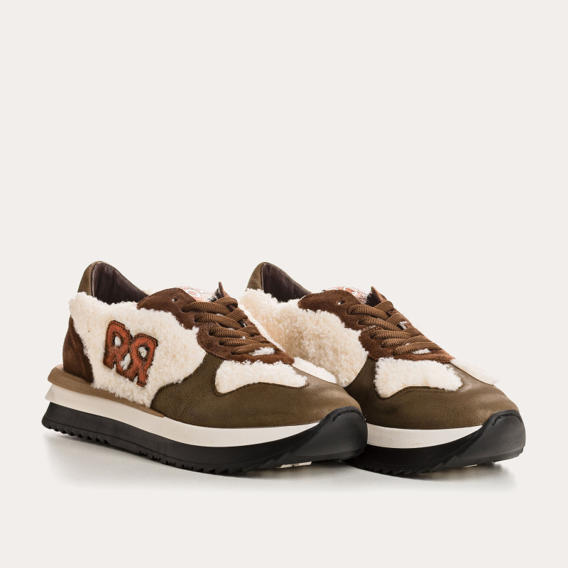 Baskets écru et marron en cuir avec logo "double R"