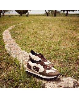 Baskets écru et marron en cuir avec logo "double R"