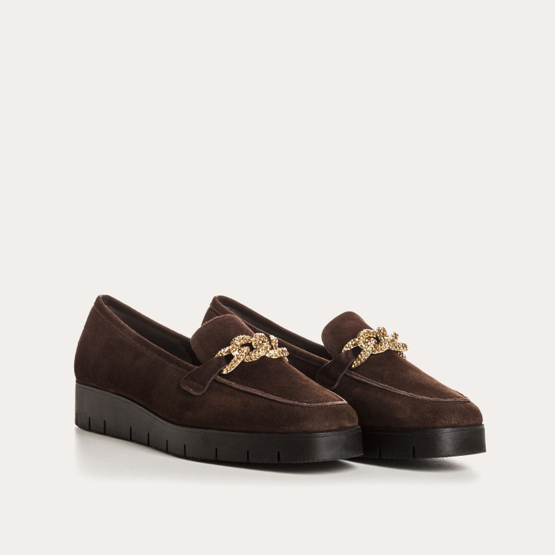 Velvet leather wedge moccasins with silver rhinestones