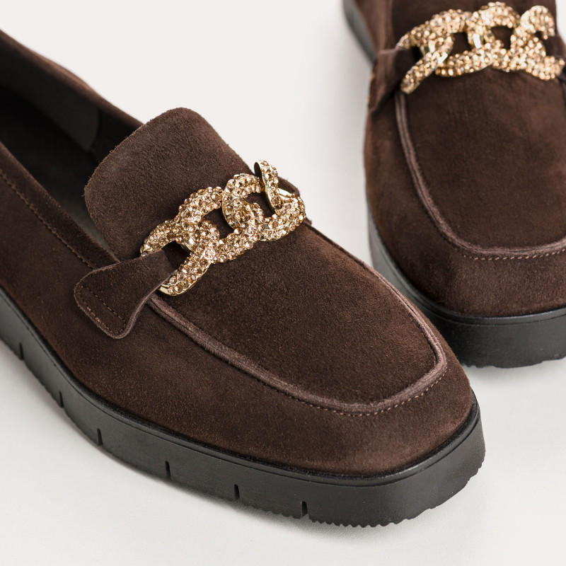 Velvet leather wedge moccasins with silver rhinestones