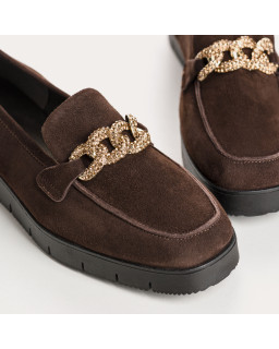 Velvet leather wedge moccasins with silver rhinestones