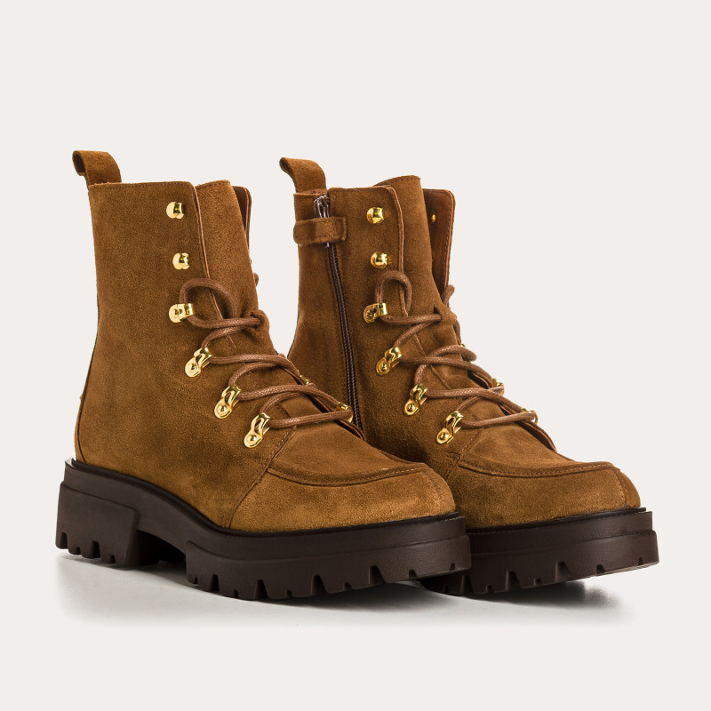 Boots à lacets en cuir velours noisette avec zip intérieur