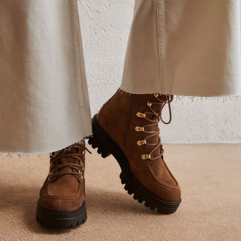 Hazelnut velvet leather lace boots with interior zip