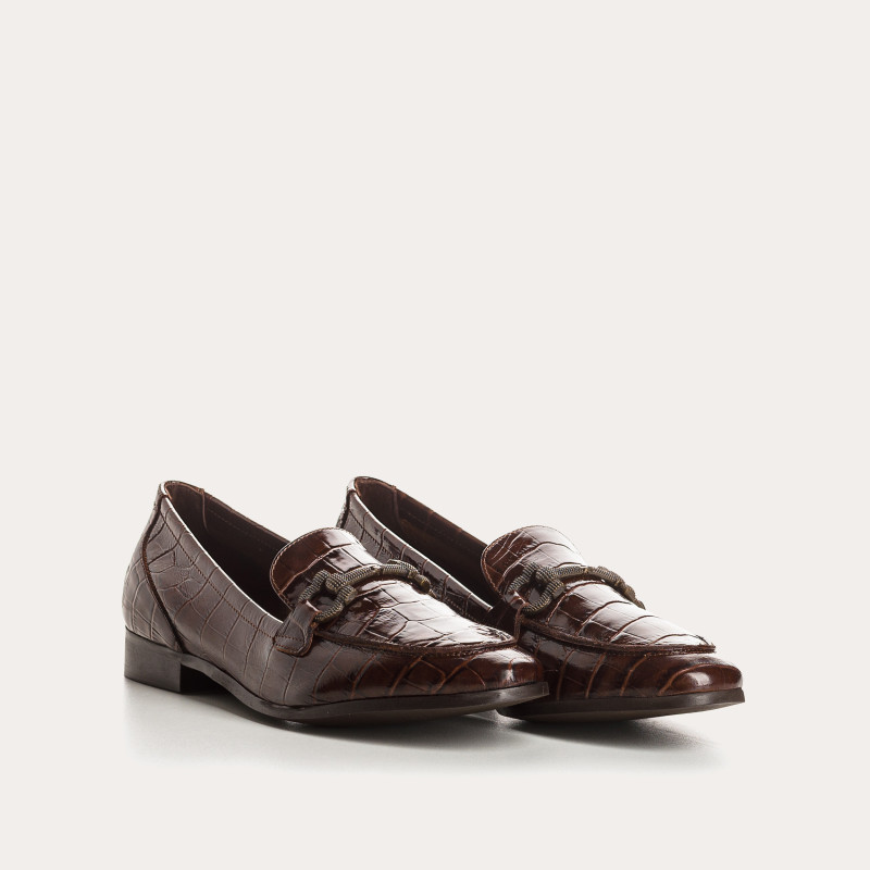 Mocassins à mors en cuir vernis cacao embossé croco et accessoire doré