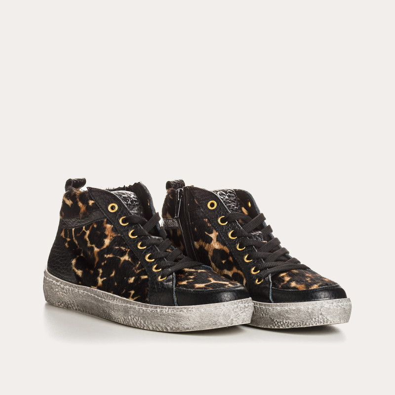 Baskets noires à lacets en cuir imprimé léopard pour femme