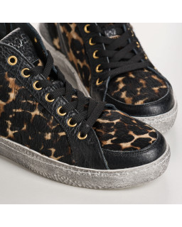 Black leopard leather leather lace-up sneakers for women