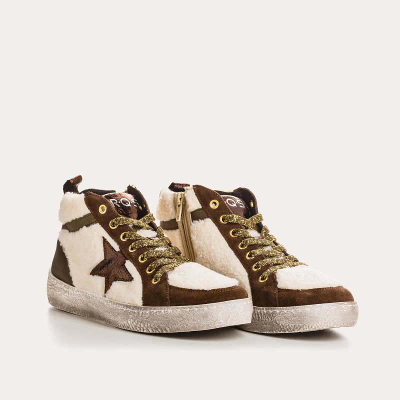 Baskets montantes écru à lacets en cuir et immitation mouton pour femme