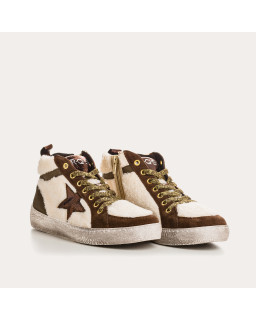 Baskets montantes écru à lacets en cuir et immitation mouton pour femme