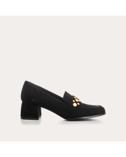 Velvet leather heeled loafers with golden nails