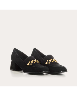 Velvet leather heeled loafers with golden nails