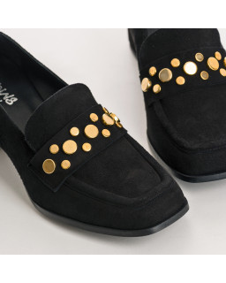 Velvet leather heeled loafers with golden nails