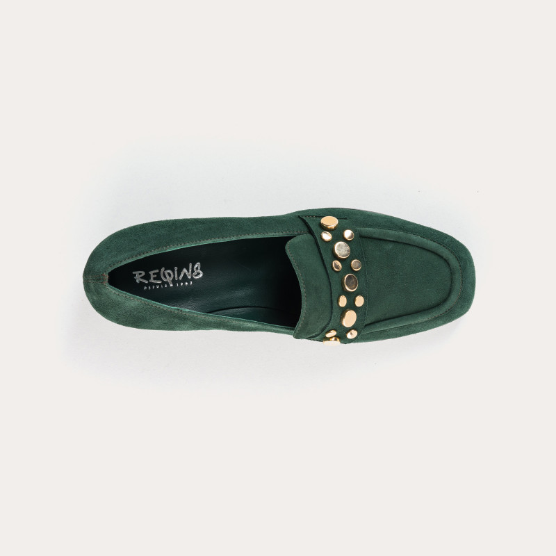 Velvet leather heeled loafers with golden nails