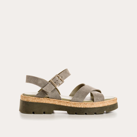 Louisa Sandals - Women's Shoes Chunky Sole Velvet Leather Rafia Kaki | Reqins