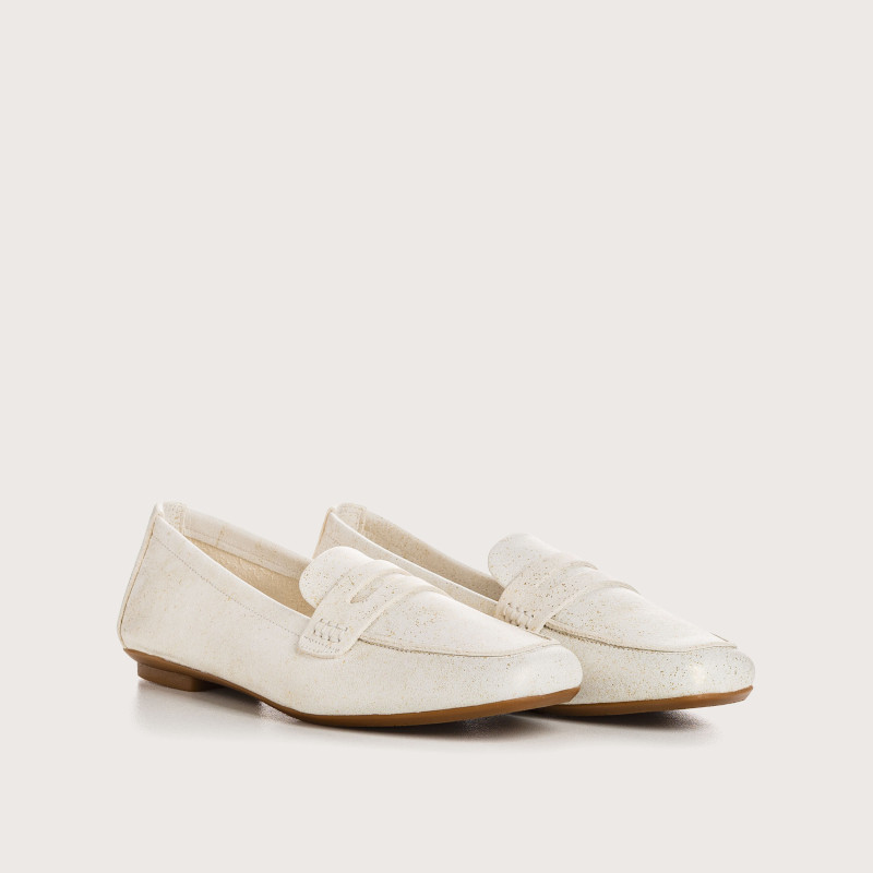 Mocassins HEMA - chaussures femme cuir pailleté beige doré | REQINS