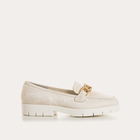 Merry Moccasins - Golden Beige Sequined Leather Shoes | Reqins