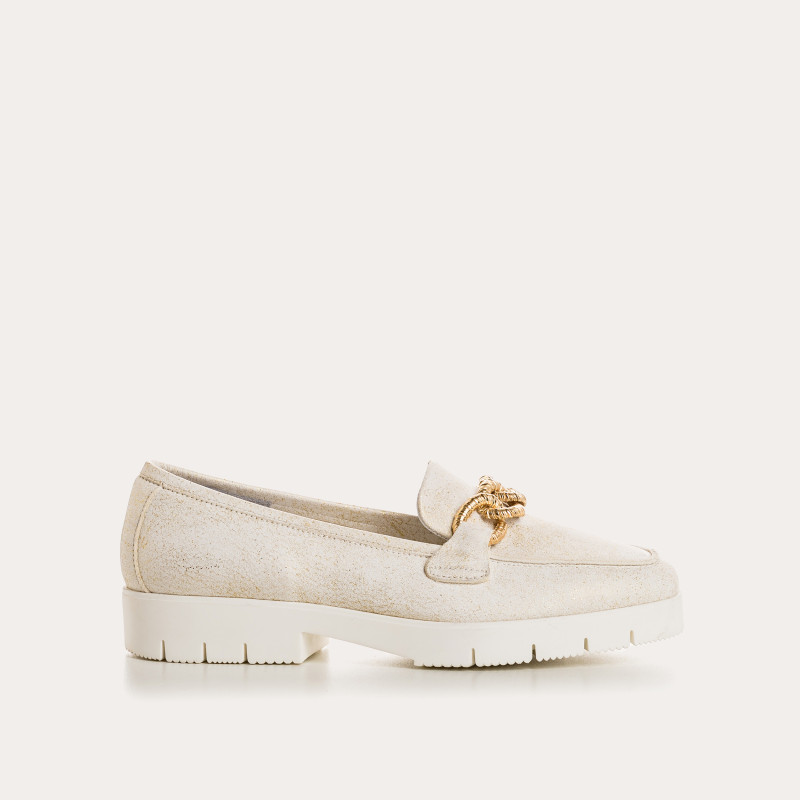 Merry Moccasins - Golden Beige Sequined Leather Shoes | Reqins