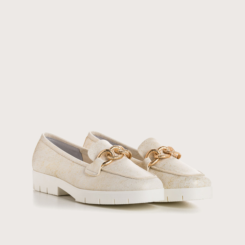 Mocassins MERRY - chaussures cuir pailleté beige doré femme | REQINS