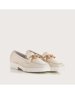 Merry Moccasins - Golden Beige Sequined Leather Shoes | Reqins