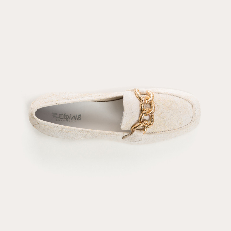 Merry Moccasins - Golden Beige Sequined Leather Shoes | Reqins