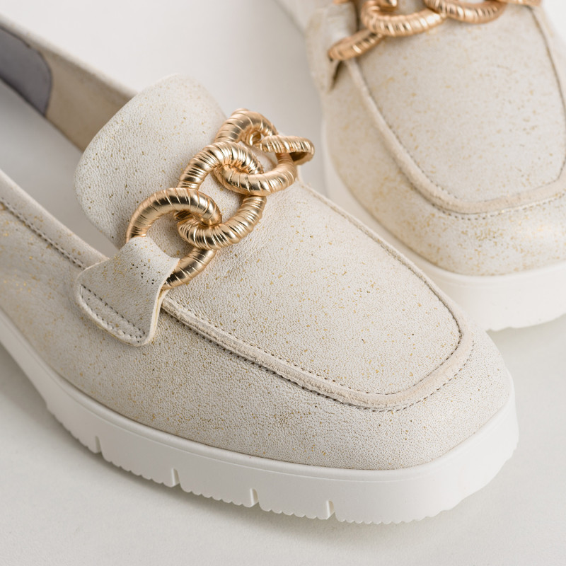 Mocassins MERRY - chaussures cuir pailleté beige doré femme | REQINS