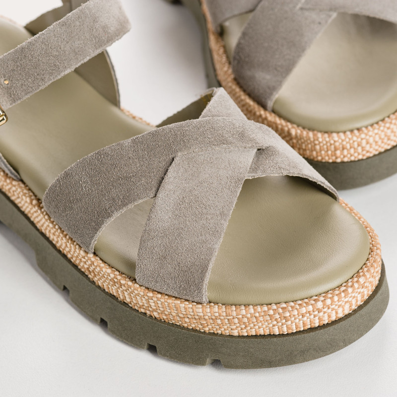 Sandales LOUISA - chaussures femme semelle chunky cuir velours rafia kaki | REQINS